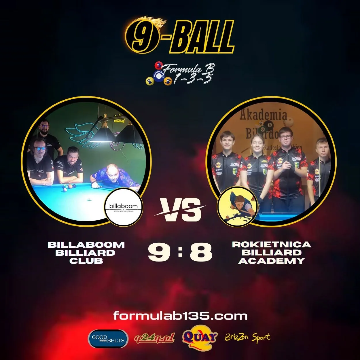 Grafika z wynikiem meczu 9-ball między dwoma klubami